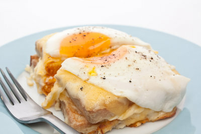 A croque madame has a fried egg on top.