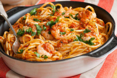 Spaghetti med pesto smaker alltid godt.